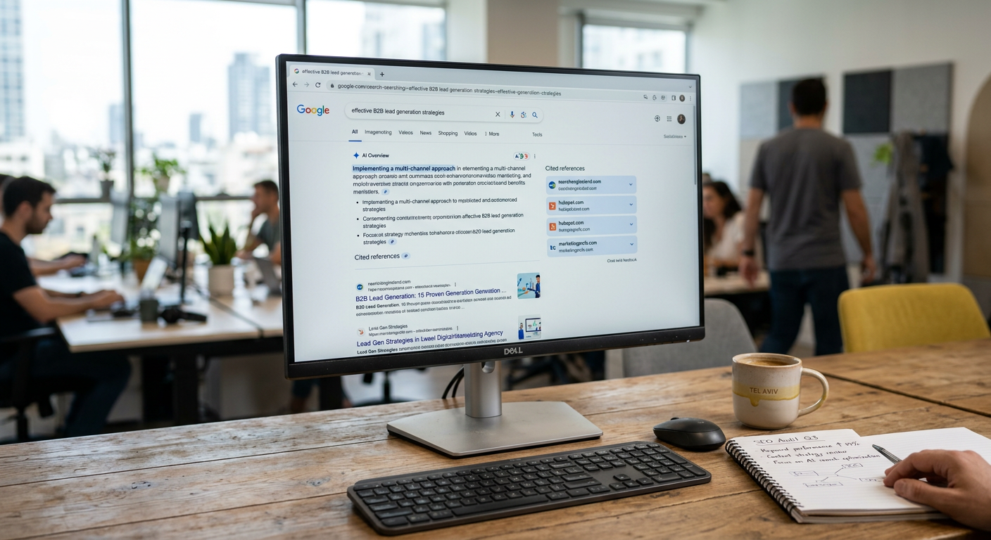 מסך מחשב מציג תוצאות חיפוש של Google עם תקציר AI Overviews במשרד דיגיטל