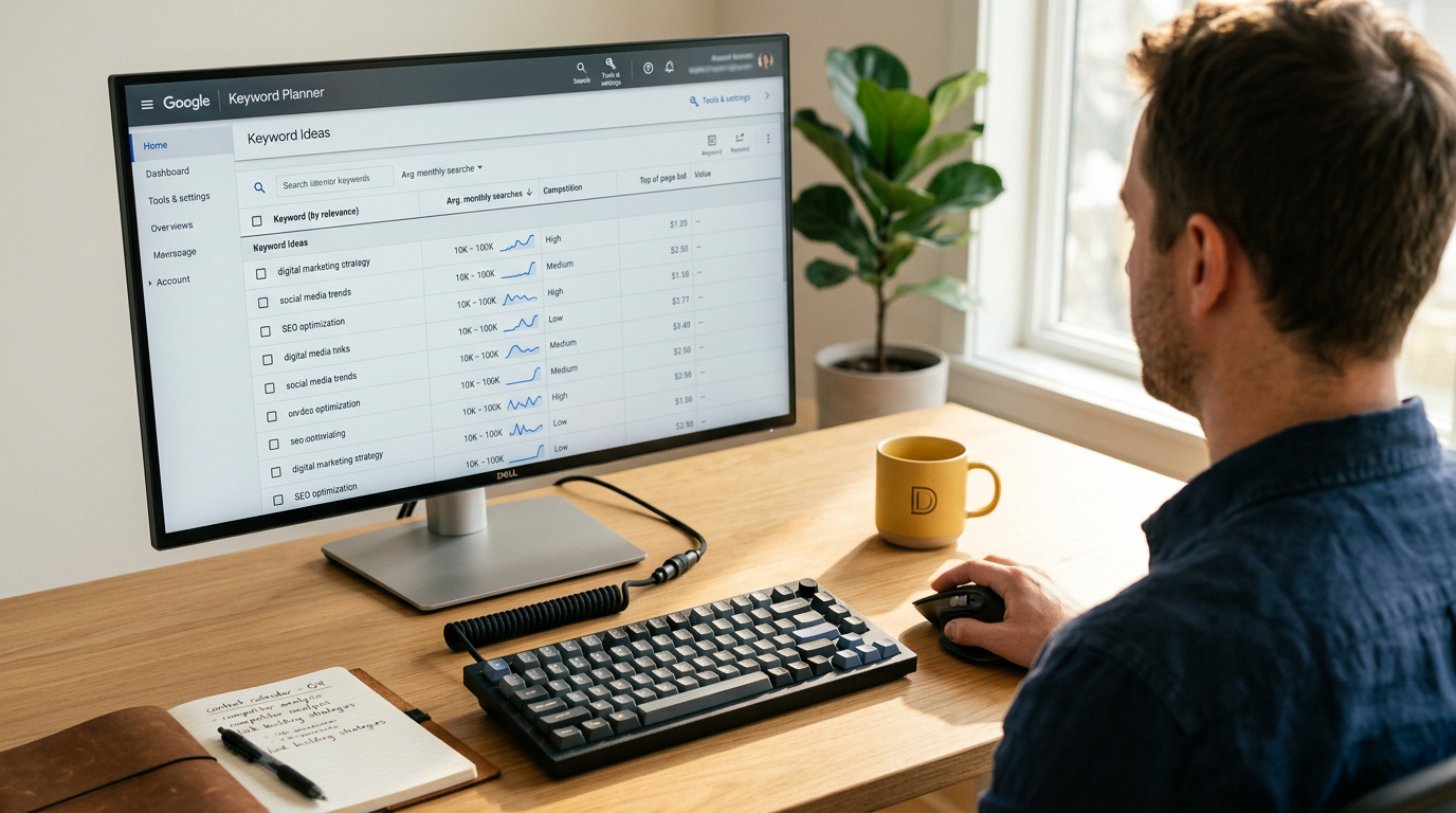 מסך מחשב מציג את ממשק Google Keyword Planner עם נתוני מחקר מילות מפתח בעברית